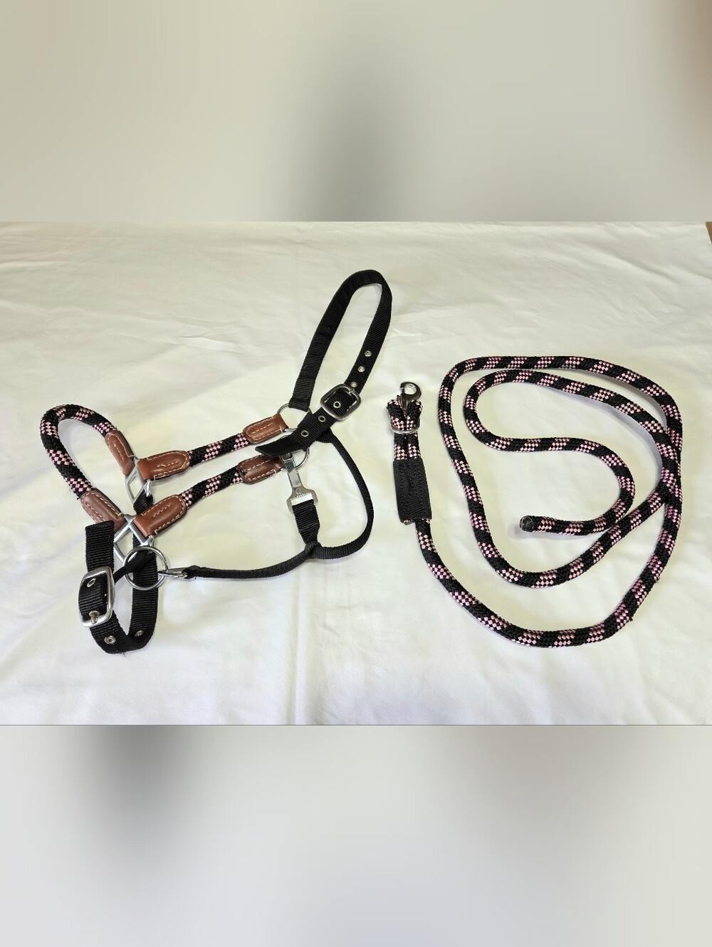 Showman Nylon Horse Halter & Matching Lead Rope Pink Black